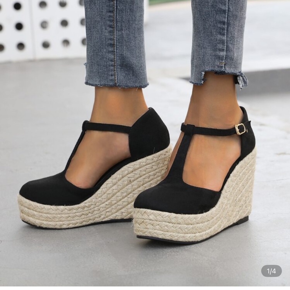Black Espadrille Wedge Sandals - Picture 2 of 3